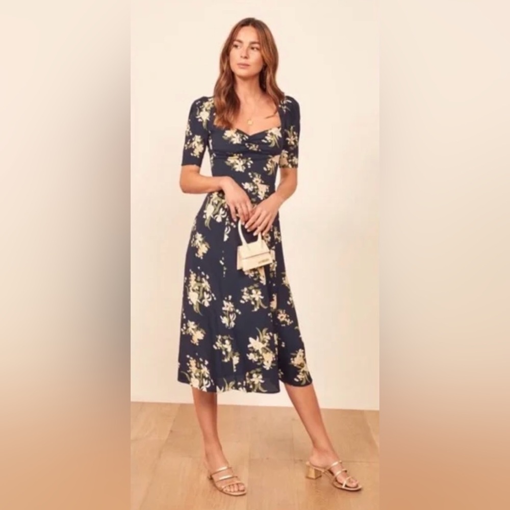 Reformation Navy Floral Midi Dress with Cream Flowers